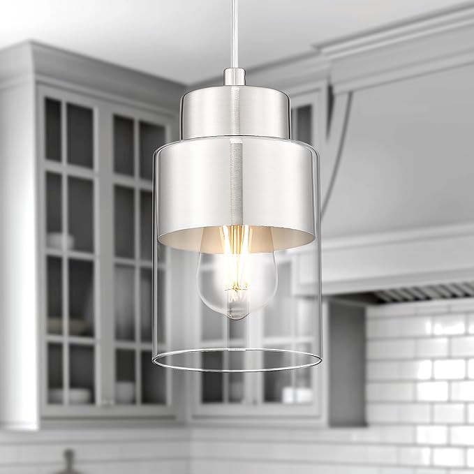 Pendant Lights Kitchen Island, Brushed Nickel Dual Shade Hanging Lights Fixtures with Metal and Clear Glass, Modern Kitchen Pendant Lighting Over Island for Dining Room, AD-24022-1P-SN