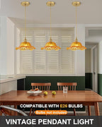 Vintage Glass Pendant Light，Green Flower Ceiling Pendant Light，Gold Adjustable Hanging Wire for Kitchen Island Dining Room Bedroom Hallway (10Inch - Amber(A))