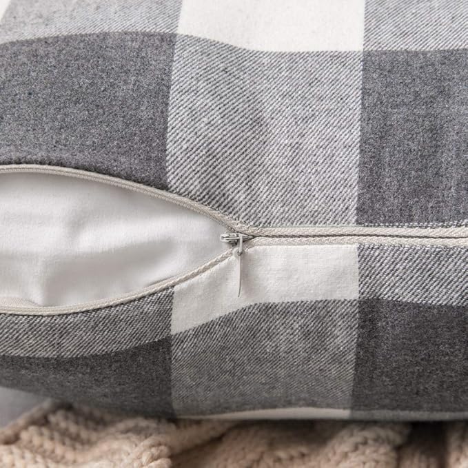 MIULEE Pack of 2 Classic Farmhouse Buffalo Check Plaids Polyester Linen Soft Solid Grey and White Decorative Throw Pillow Covers Home Decor Outdoor Cushion Case for Sofa Bedroom 24 x 24 Inch