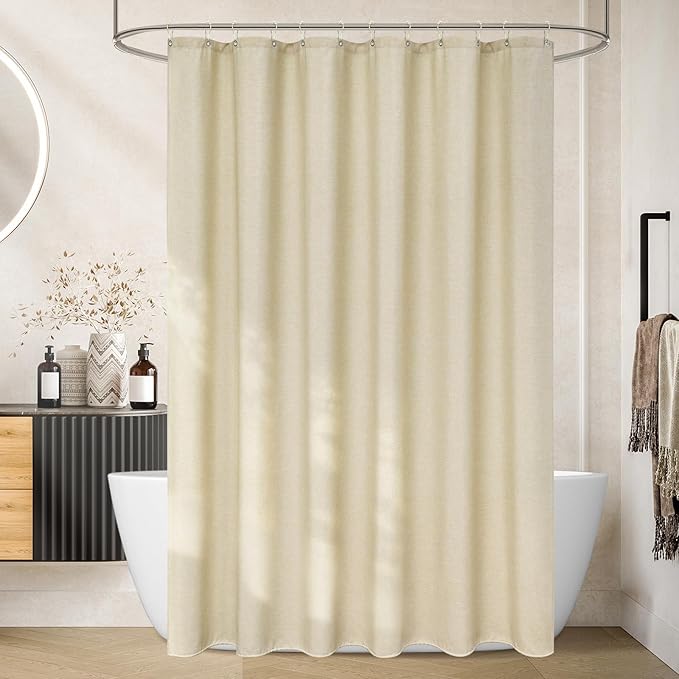 Beige Extra Long Fabric Shower Curtain 72 x 90 Inch, Faux Linen Heavy Duty Shower Curtain Water-Resistant, Cream Ivory Modern Shower Curtains Machine Washable for Tall Bathrooms