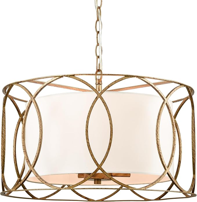 HYDELITE Brass Drum Pendant Light Drum Chandelier 3-Light Dining Table Fixture with White Linen Diffuser
