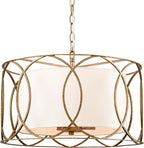 HYDELITE Brass Drum Pendant Light Drum Chandelier 3-Light Dining Table Fixture with White Linen Diffuser