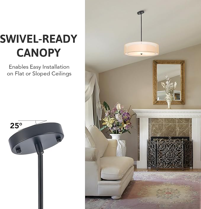 VONLUCE 3-Light Drum Chandeliers, 20" Pendant Light Fixture with 2-Layer Fabric Shade E26 Bases, Adjustable Swivel Joint Hanging Light Fixture for Bedroom Living Room Kitchen Hallway, Matte Black