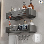 Voldra Adhesive Shower Caddy, 2 Pack Shower Shelves for Inside Shower No Drilling, Aluminum Stick On Showers Organizer with Towel Bar & Hooks Removable Bathroom Shelf Storage Rack(Gray)