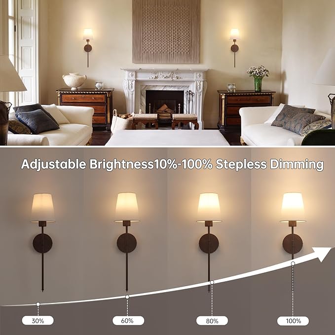 Battery Operated Wall Sconces Set of 2, Walnut Color Wall Lamp 5000 mAh Rechargeable Bulb with 12 RGB Colors Dimmable Wall Sconce for Living Room Bedroom