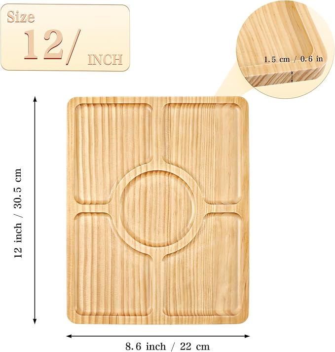 Divided Wood Serving Tray, Rectangular Tray Chip and Dip Platter, Serving Tray with 5 Sections for Appetizers & Snacks, Veggie Platter, Food Trays for Party 12'' x 8.7'' x 0.6''