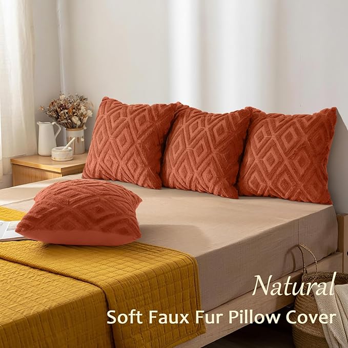 decorUhome Pack of 4 Faux Fur Fall Burnt Orange Throw Pillow Covers 18x18, Soft Decorative Couch Pillow Covers with Velvet Back for Modern Sofa Living Room, Rust