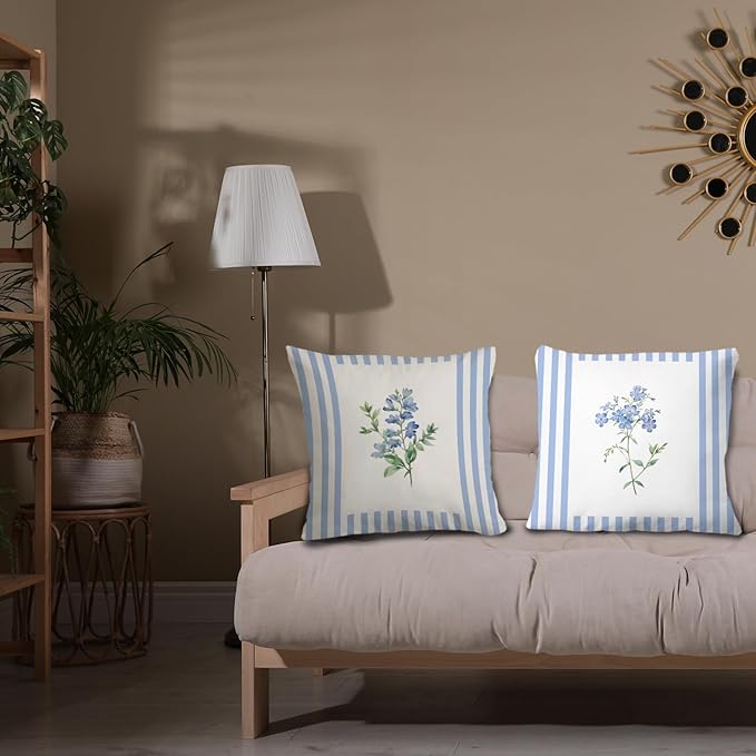 JINYO Vintage Blue and White Striped Floral Pillow Covers 18x18 Set of 4, Floral Decorative Throw Pillow Covers for Living Room Bedroom Home, Flower Room Decor