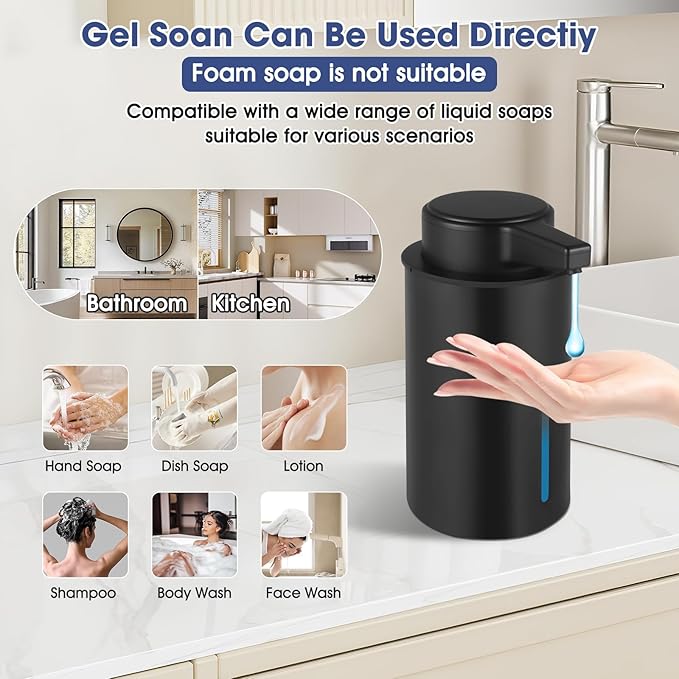 2 Pack Automatic Liquid Soap Dispenser, 13.5oz Touchless Electric Hand Soap Dispenser, Rechargeable Liquid Pump for Bathroom or Kitchen Sink, Waterproof Design (Black)