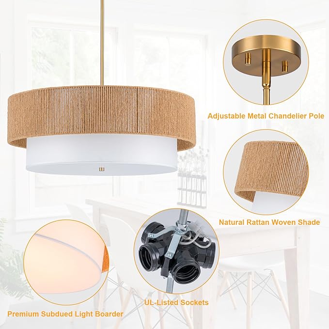 24'' Farmhouse Rattan Chandeliers for Dining Room,3-Light Boho Light Fixtures Rattan Pendant Light Fixture with Fabric Shade Drum Chandeliers for Bedroom Dining Room Foyer Kitchen Hallway