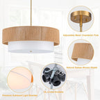 24'' Farmhouse Rattan Chandeliers for Dining Room,3-Light Boho Light Fixtures Rattan Pendant Light Fixture with Fabric Shade Drum Chandeliers for Bedroom Dining Room Foyer Kitchen Hallway