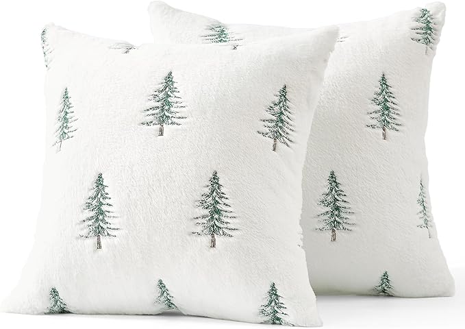 MIULEE Christmas Decorative Pillow Covers Set of 2 Faux Fur Throw Pillows with Embroidered Christmas Tree 18x18 Inch White Green Winter Couch Covers for Festival Sofa Bedroom Living Room Home Decor