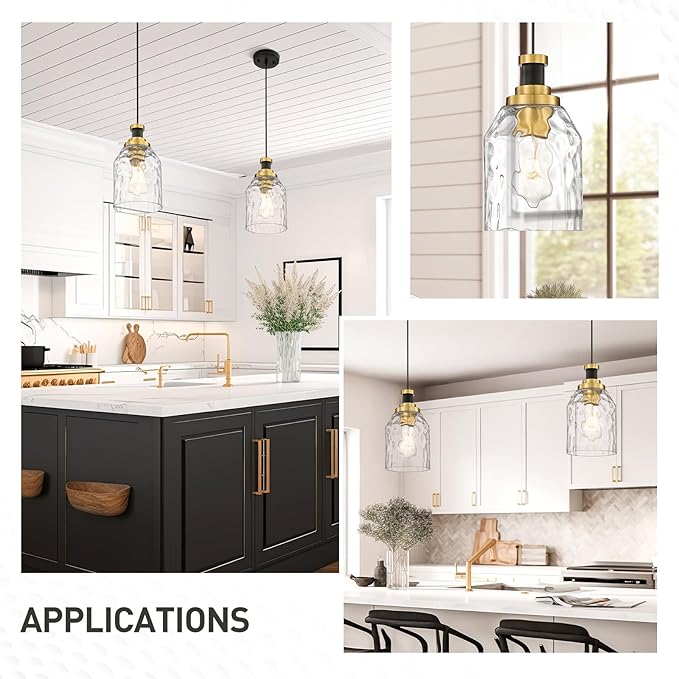 zeyu Large Pendant Lights Kitchen Island, Modern Hanging Lamp for Bedroom Living Room, Water Ripple Glass Shade, Black and Gold Finish, ZG33M1L-L BK+BG-WG