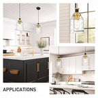 zeyu 2 Pack Modern Kitchen Pendant Lighting Over Island, Hanging Light Fixture for Dining Room, Water Ripple Glass Shade, Black and Gold Finish, ZG33M1L-2L BK+BG-WG