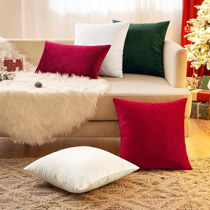 EMEMA Pack of 2 Velvet Throw Pillow Covers Decorative Square Pillowcase Soft Solid Cushion Case for Sofa Bedroom Chair Car 18x18 Inch Cream White