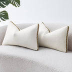 Decorative Neutral Linen Throw Pillow Covers 12x20 Inch Set of 2, Cream White Boho Farmhouse Pillow Covers with Braid Fringe for Sofa Bed Modern Couch Pillow Cases for Organic Home Decor