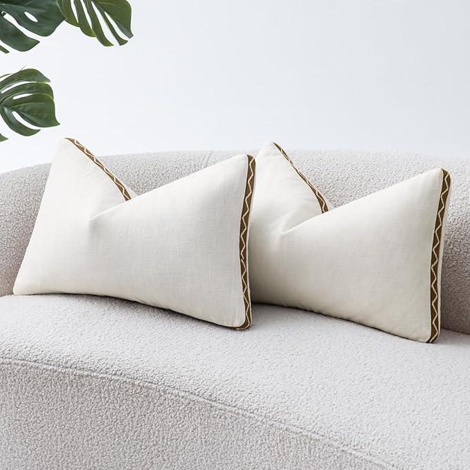 Decorative Neutral Linen Throw Pillow Covers 12x20 Inch Set of 2, Cream White Boho Farmhouse Pillow Covers with Braid Fringe for Sofa Bed Modern Couch Pillow Cases for Organic Home Decor
