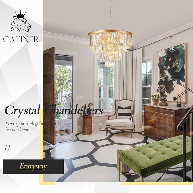 Gold Crystal Chandeliers 24” Modern Large Chandeliers Luxury 4-Tier 12 Lights K9 Crystal Round Ceiling Pendant Light Fixture Contemporary for Dining Room Foyer Staircase Living Room