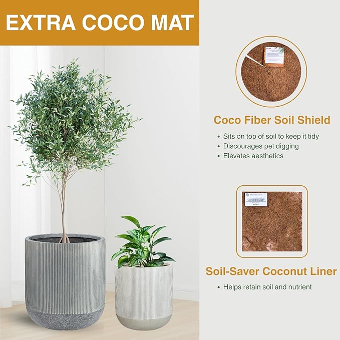14.2" H x 13" D Ribbed Radius Fiberstone Round Planter with Drainage Hole, Weather Resistant for Indoor and Outdoor Use, Included 2 Extra Coco Mats (Frost Grey, 11.5" Pot Opening)
