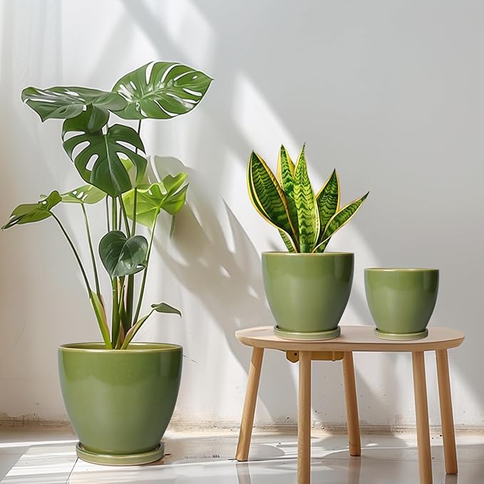 Ceramic Flower Pots - Modren Round 10 Inch 8 Inch 6 Inch Planters with Drainage Holes and Saucers, Plant Pots for Indoor Outdoor, Garden Decor, Housewarming Gifts, Set of 3, Green