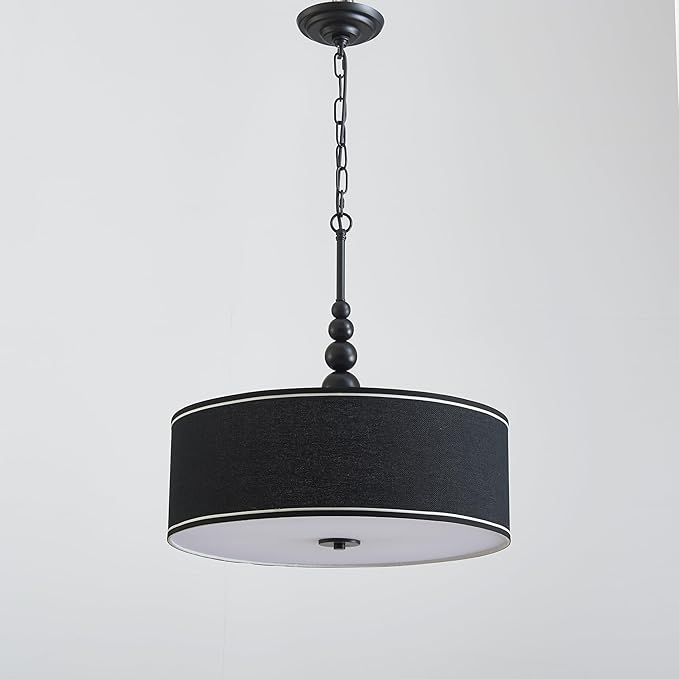 Shrine Lighting Drum Chandeliers, Farmhouse Style, Perfect Drum Pendant Light for Dining Room, D21'' x H8'', Adjustable Chains 59'', E26*3 Sockets, Black Linen Fabric Lampshade & Black Rod