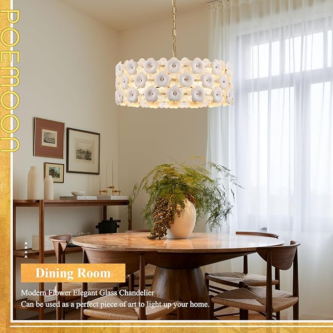 Modern 24" Flower Glass Chandelier Luxury Gold 8 Lights Ceiling Pendant Light Fixture for Living Dining Room Foyer Entryway Kitchen Bedroom, E12
