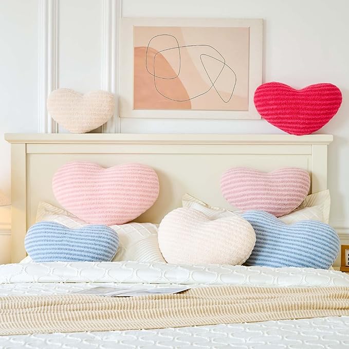 Hot Pink Heart Pillows, 15.7" Cute Heart Decorative Pillow, Stripe Heart Shaped Plush Throw Pillows for Bed