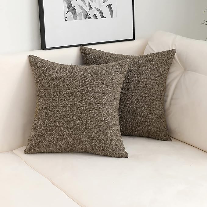 Jeneoo Light Brown Decorative Square Thick Throw Pillow Covers Fine Textured Boucle Couch Cushion Case for Living Room Sofa Home Decor, Set of 2, 18 x 18 Inch