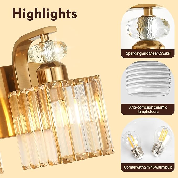 Modern Bathroom Vanity Light, 2-Light Gold Bathroom Lighting Fixtures Over Mirror, 12.6" Crystal Wall Light Sconce for Bathroom/Bedroom/Vanity, Includes LED Bulbs, Easy Installation