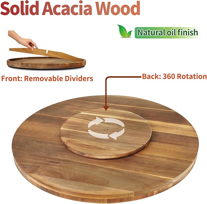 Utoplike Extra Large Acacia Wood Serving Tray, 23.6'' Round Charcuterie Board, Cheese Board with Rotating Base Raised Edge and Removable Dividers for Food, Snacks, Party, Dining