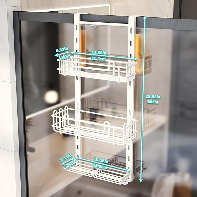 HapiRm 3 Tier Over the Door Shower Caddy, Hanging Shower Caddy with 16 Hooks and 2 Soap Holders, No Drilling Adjustable Hanging Bathroom Organizer - White