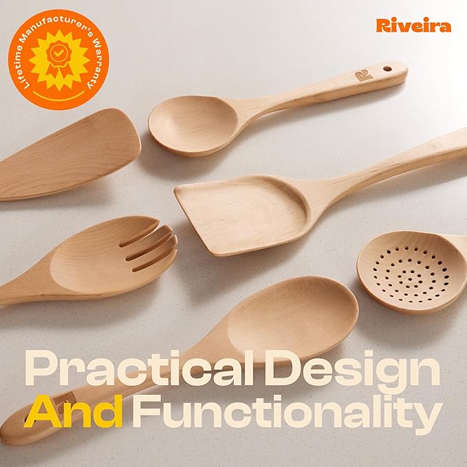 Riveira Maple Wooden Cooking Utensils Set of 6 Premium Quality Non-Toxic Wooden Spoons and Spatula for Cooking