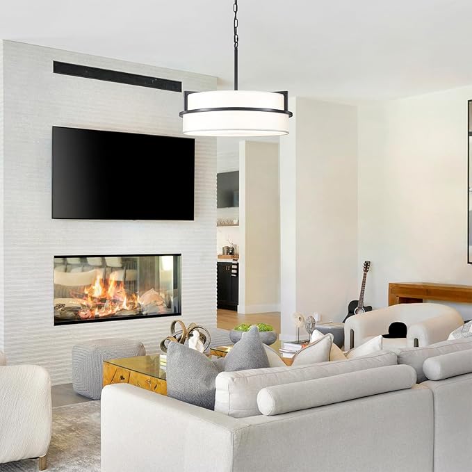 19.7" Black Drum Chandelier,5-Lights Large Drum Pendant Light with White Linen Shade Round Modern Chandeliers for Dining Room Bedroom Kitchen Island Over Table Hanging Ceiling Light Fixtures