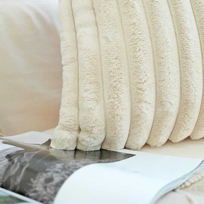 JOJUSIS Pack of 2 Faux Fur Plush Decorative Throw Pillow Covers For Home, Couch Cushion Case Soft Solid Pillowcases (Beige, 20 x 20-Inch)