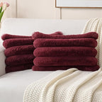 FUTEI Burgundy Decorative Throw Pillow Covers 12x20 Inch Set of 2, Square Soft Faux Rabbit Fur Big Striped Cushion Cover,Home Decor for Couch Sofa Bed Living Room