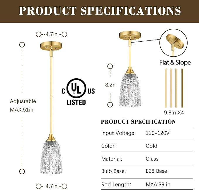 Glass Pendant Lights Kitchen Island, 1-Light Brushed Gold Pendant Light Fixtures with Hammered Glass and Rods, Modern Farmhouse Mini Hanging Light for Kitchen Sink Dining Room Bedroom, E26