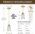 Glass Pendant Lights Kitchen Island, 1-Light Brushed Gold Pendant Light Fixtures with Hammered Glass and Rods, Modern Farmhouse Mini Hanging Light for Kitchen Sink Dining Room Bedroom, E26