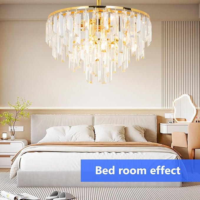 Gold Modern Round Top K9 Crystal Chandelier Lighting Fixture, 6 Lights Round K9 Crystal Adjustable Hanging Lamp for Dining Room Bedroom Living Room,Hallway,Bar,Kitchen W17'