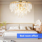Gold Modern Round Top K9 Crystal Chandelier Lighting Fixture, 6 Lights Round K9 Crystal Adjustable Hanging Lamp for Dining Room Bedroom Living Room,Hallway,Bar,Kitchen W17'