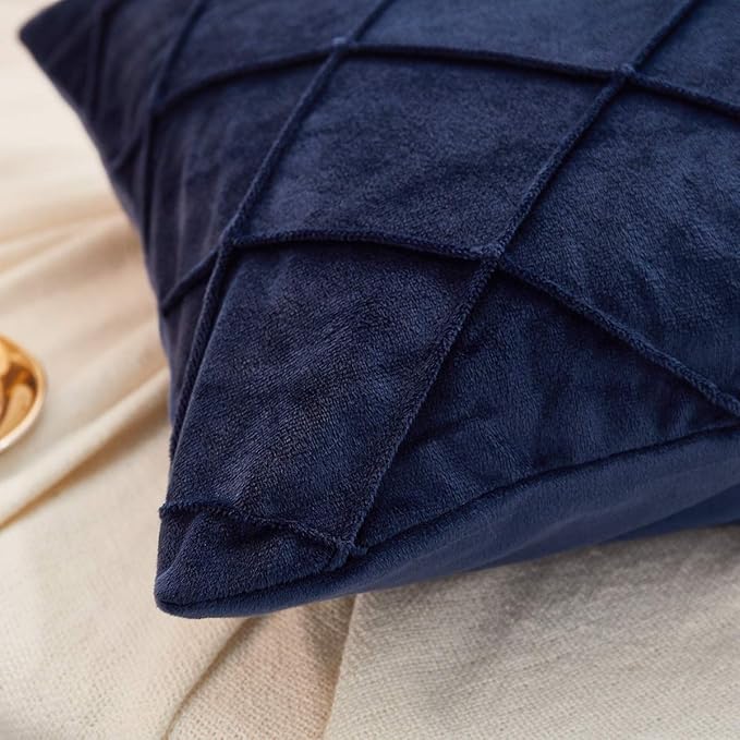 JAUXIO Diamond Pinch Pleated Crystal Velvet Pillowcases 2 Pack Solid Pintuck Throw Cushion Cover for Home Decor Hidden Zipper Closure (Navy, Standard)