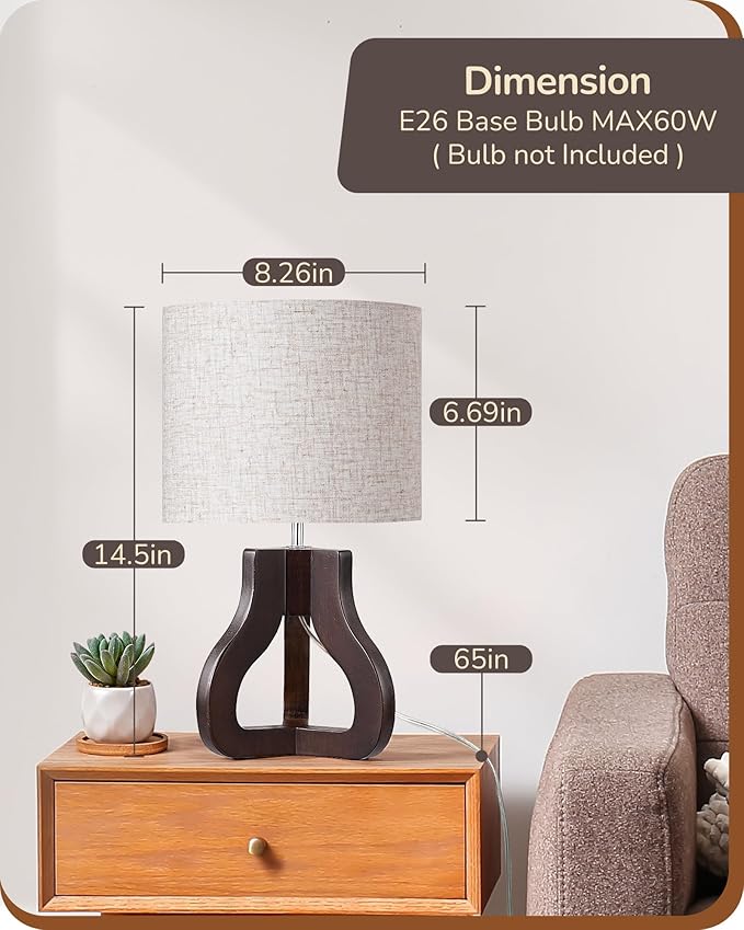 EDISHINE 14.6" Small Table Lamp, Walnut Wood Tripod Nightstand Lamp for Bedroom, Beige Linen Shade, Cute Bedside Lamp for Living Room, Bedroom, On-Off Line Switch, E26 Base(Bulb Not Included)