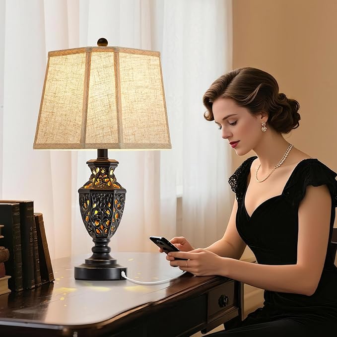 Lamps for Night Stands Set of 2-23.5" Vintage Bedside Lamp with USB A+C and Nightlight - Black Retro Carved Resin Farmhouse Table Lamp for Bedrooms, End Tables, Living Room, Bulbs Included