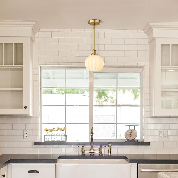 Milk Glass Pendant Lights Kitchen Island 2 Pack, 7.3" Brushed Gold Modern Pendant Light Fixtures with Rods, Globe Hanging Lighting for Kitchen Sink Bathroom Dining Room, E26 Base