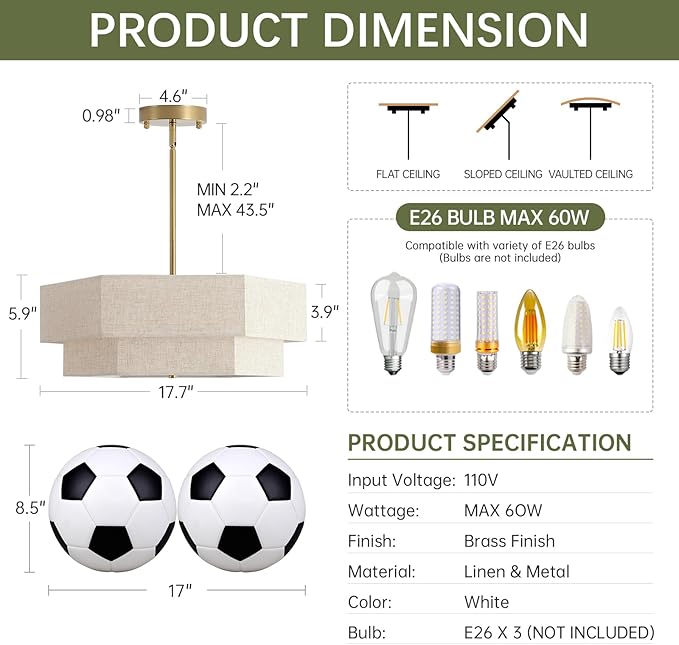 17.7" Modern Chandeliers for Dining Room, 3-Light Ceiling Pendant Light Gold Bedroom Light Fixture with 2-Layer Linen Drum Shade, Vintage Brass Chandelier for Kitchen Entryway Living Room