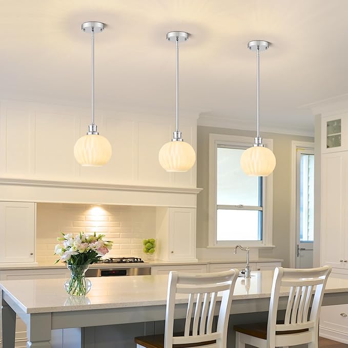 Brushed Nickel Pendant Lights Kitchen Island 2 Pack, 7.3" Milk Glass Modern Pendant Light Fixtures with Rods, Globe Hanging Lighting for Kitchen Sink Bathroom Dining Room, E26 Base