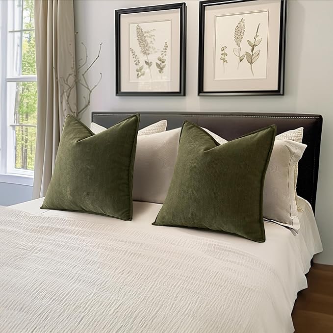 MIULEE Pack of 2 Olive Green Decorative Pillow Covers 16x16 Inch Soft Chenille Luxurious Couch Throw Pillows Farmhouse Cushion Covers with Elegant Design for Sofa Bedroom Living Room Home Decor