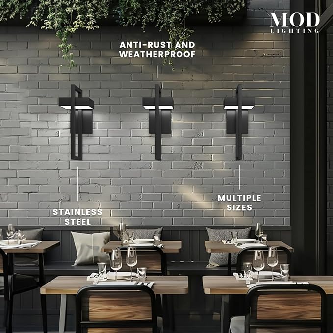 𝗠𝗢𝗗 𝗟𝗜𝗚𝗛𝗧𝗜𝗡𝗚 Terri | Modern Outdoor Wall Lights LED 10W, Exterior Wall Sconce Lights, Stainless Steel Outdoor Light Fixture, Waterproof IP65, 1 Pack (Black | Cool White 6000K | Small 14")