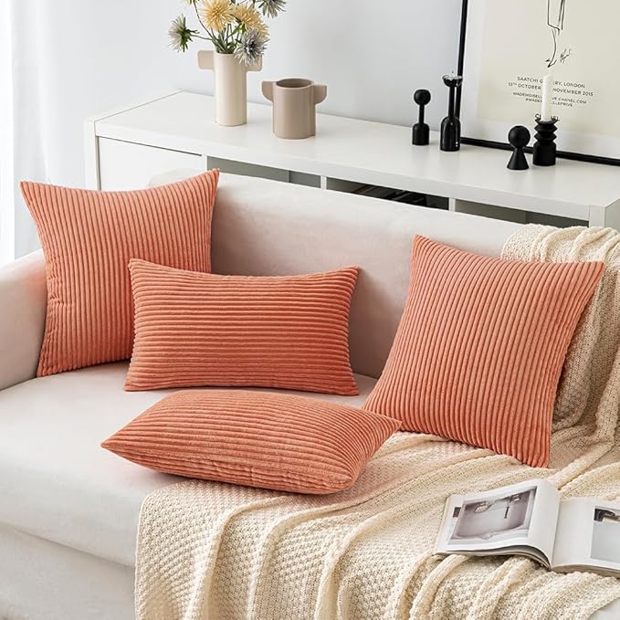 MIULEE Coral Red Corduroy Pillow Covers 16x16 Inch Set of 2 Super Soft Boho Striped Pillow Covers Decorative Textured Throw Pillows for Couch Cushion Bed Livingroom