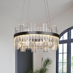 Black Led Modern Crystal Chandelier: 19.7" Round Contemporary 3 Color Dimmable Dining Room Light Fixture over Table - Adjustable Lighting Chandeliers for Bedroom Living Kitchen Island Entryway Foyer