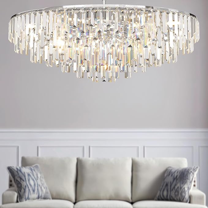 Chrome Crystal Chandelier for Dining Room, 40" Modern Round Luxury Chandeliers 7-Tier 17 Lights Large Adjustable Height Ceiling Hanging Pendant Light Fixture for Living Room Bedroom Foyer